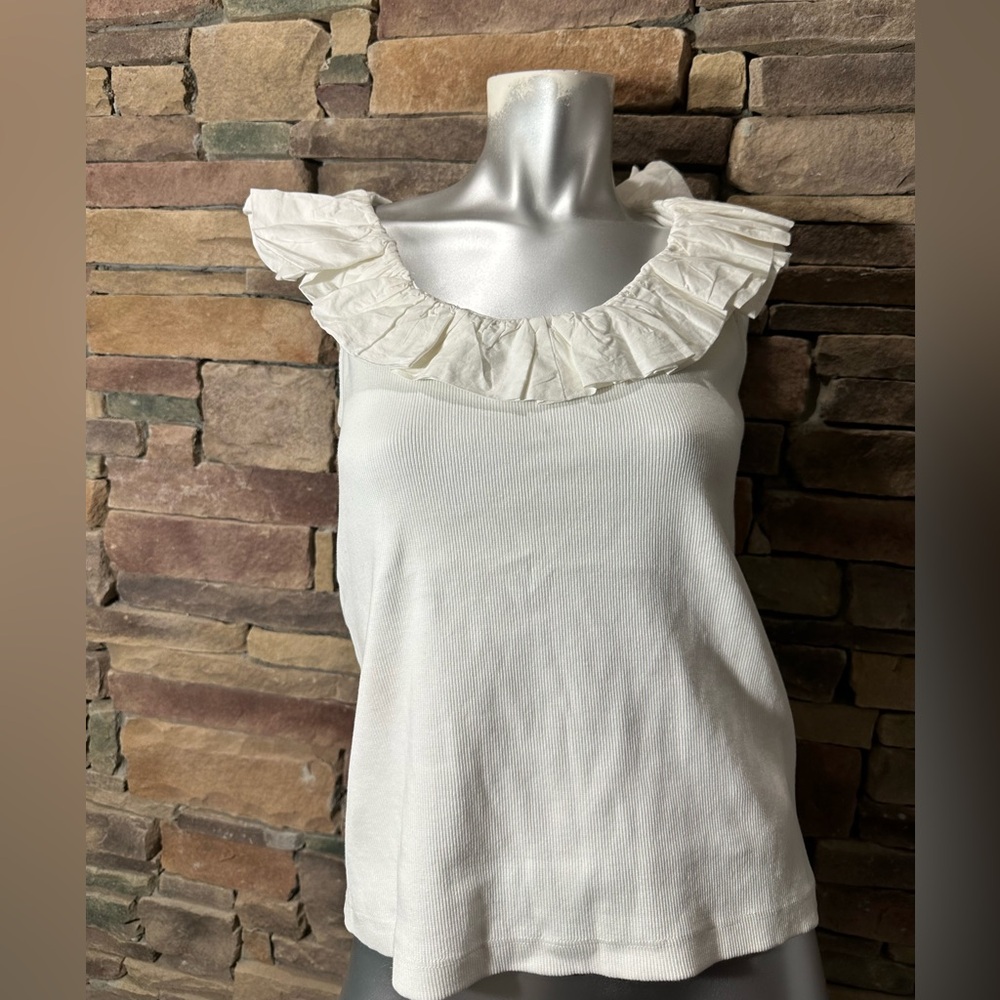 NWT Maeve By Anthropologie White Tank Ribbed Ruffle Collar Scoop Neck Sz… - Picture 4 of 10